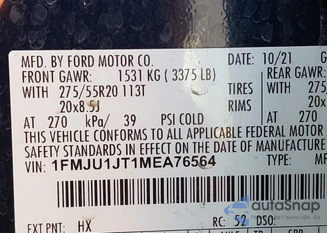 2021 Ford Expedition Xlt из США, поврежденный, VIN 1FMJU1JT1MEA76564